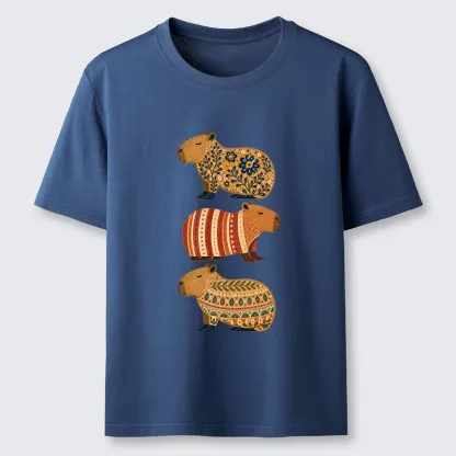 Tokyo-Tiger Folk Floral Striped Capybara Trio Print Classic T-Shirt