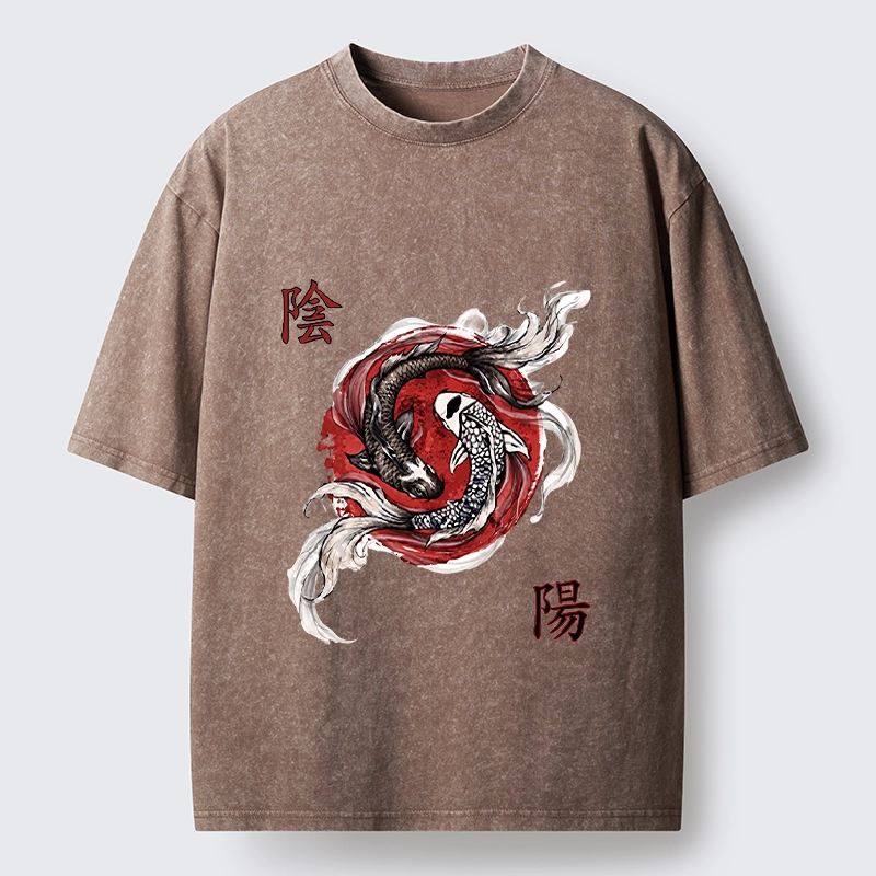 Tokyo-Tiger Red Ink Twin Koi Fish Harmony Washed T-Shirt