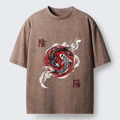 Tokyo-Tiger Red Ink Twin Koi Fish Harmony Washed T-Shirt