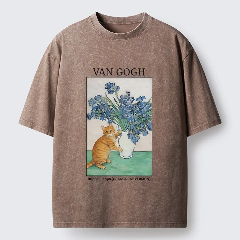Tokyo-Tiger Orange Cat Touches Van Gogh Irises Washed T-Shirt
