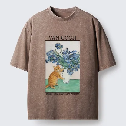 Tokyo-Tiger Orange Cat Touches Van Gogh Irises Washed T-Shirt