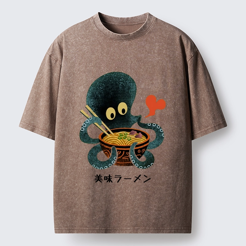 Tokyo-Tiger Octopus Uses Chopsticks For Ramen Washed T-Shirt 