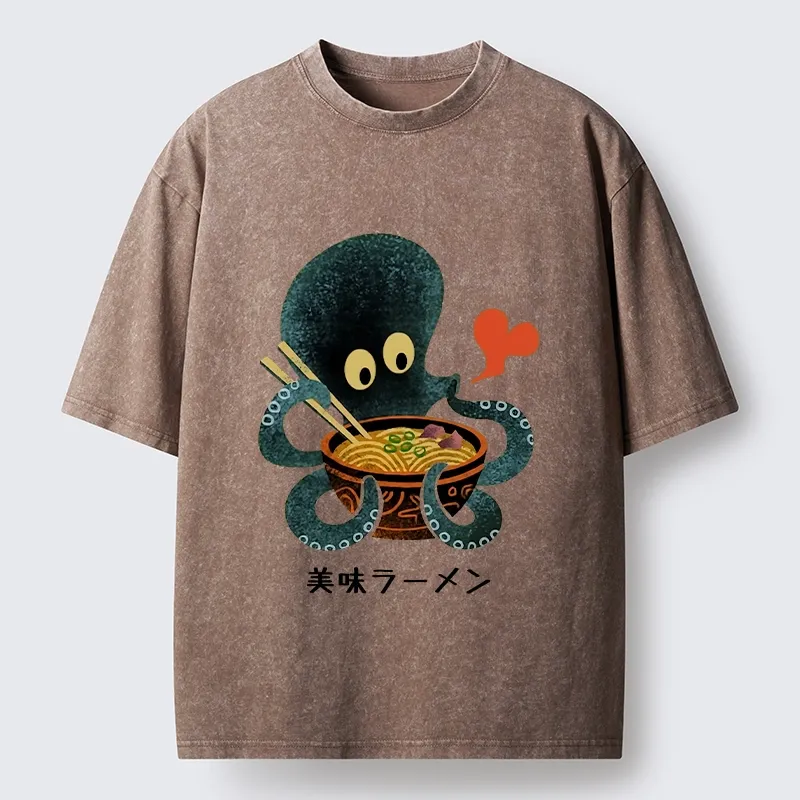 Tokyo-Tiger Octopus Uses Chopsticks For Ramen Washed T-Shirt 