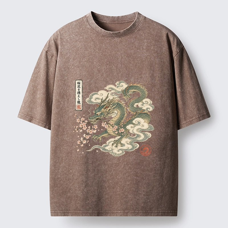 Tokyo-Tiger Ancient Dragon Holds Pink Sakura Blooms Washed T-Shirt 