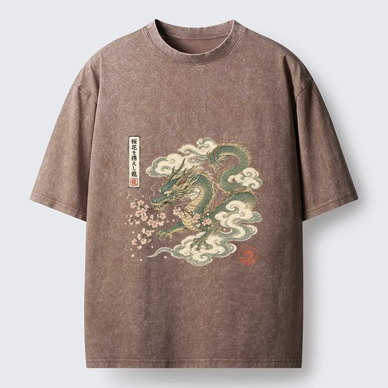 Tokyo-Tiger Ancient Dragon Holds Pink Sakura Blooms Washed T-Shirt 