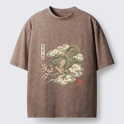 Tokyo-Tiger Ancient Dragon Holds Pink Sakura Blooms Washed T-Shirt 