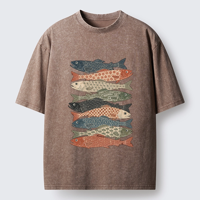 Tokyo-Tiger Patterned Stack Fish Japanese Block Print Washed T-Shirt