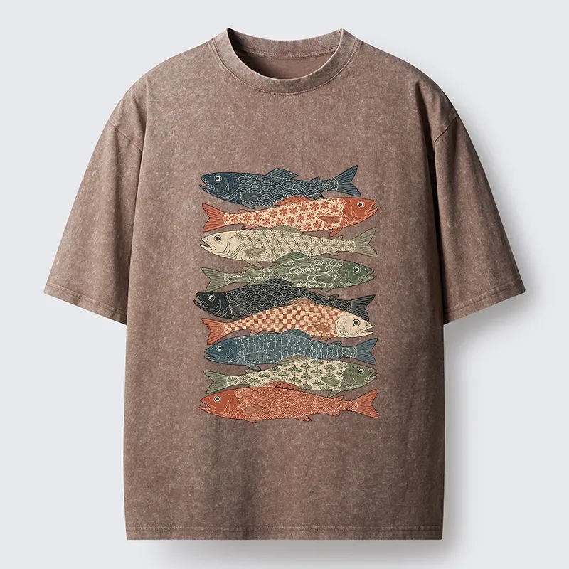 Tokyo-Tiger Patterned Stack Fish Japanese Block Print Washed T-Shirt Sale