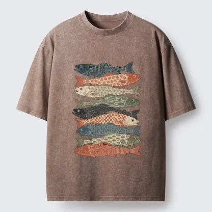 Tokyo-Tiger Patterned Stack Fish Japanese Block Print Washed T-Shirt