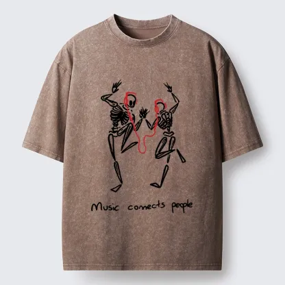 Tokyo-Tiger Music Connects Souls Skeleton Graphic Washed T-Shirt