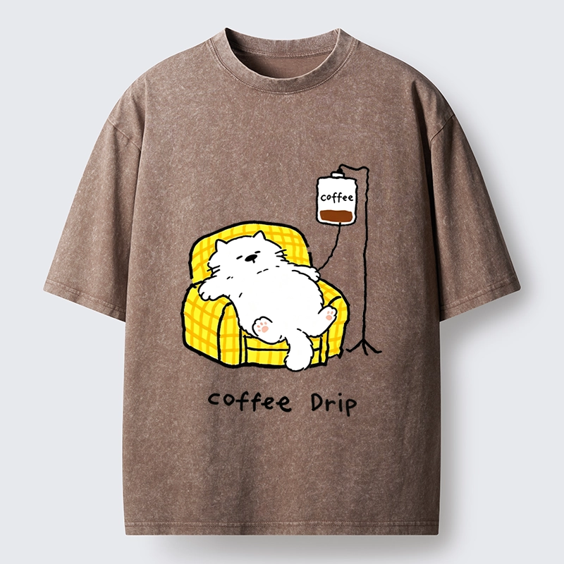 Tokyo-Tiger Fluffy Cat Needs Coffee Drip Art Washed T-Shirt
