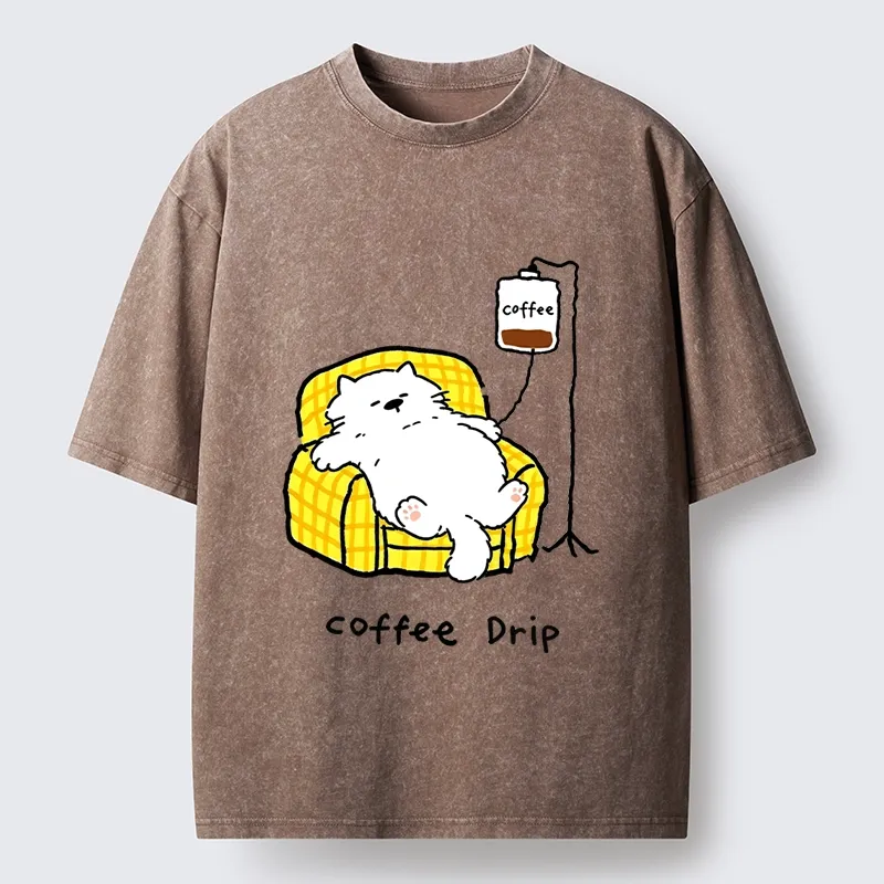 Tokyo-Tiger Fluffy Cat Needs Coffee Drip Art Washed T-Shirt