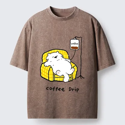 Tokyo-Tiger Fluffy Cat Needs Coffee Drip Art Washed T-Shirt