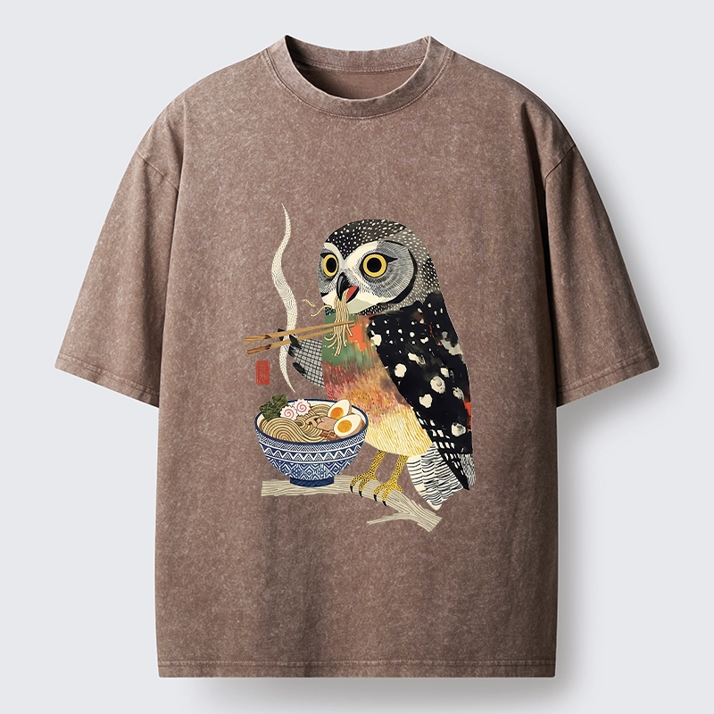 Tokyo-Tiger Owl Slurps Hot Ramen Japan Art Washed T-Shirt