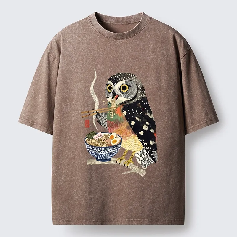 Tokyo-Tiger Owl Slurps Hot Ramen Japan Art Washed T-Shirt