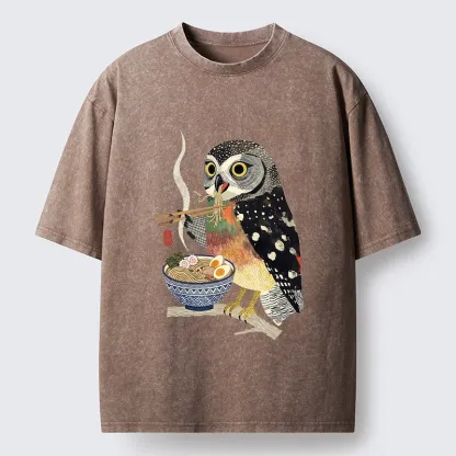 Tokyo-Tiger Owl Slurps Hot Ramen Japan Art Washed T-Shirt