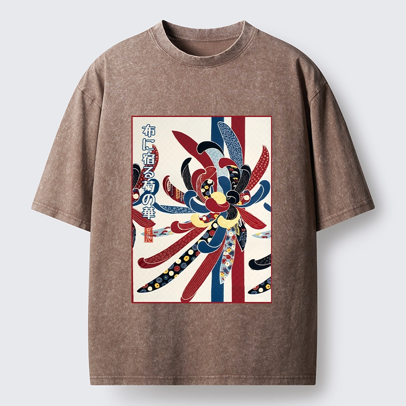 Tokyo-Tiger Traditional Oriental Big Flower Ukiyo Print Washed T-Shirt