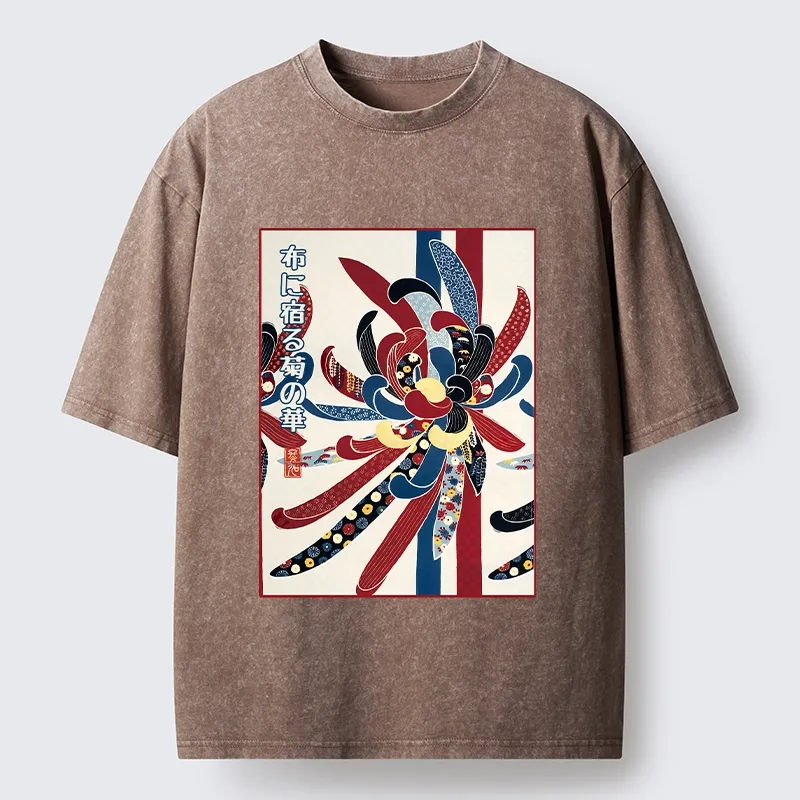 Tokyo-Tiger Traditional Oriental Big Flower Ukiyo Print Washed T-Shirt