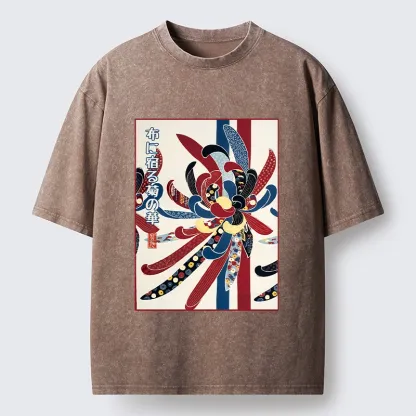 Tokyo-Tiger Traditional Oriental Big Flower Ukiyo Print Washed T-Shirt