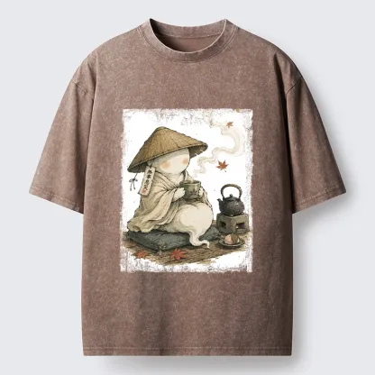 Tokyo-Tiger Cute Ghost Peaceful Tea Time Art Washed T-Shirt