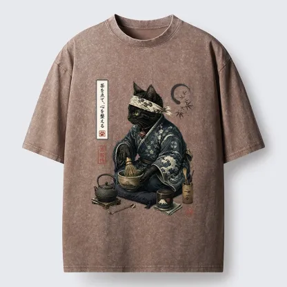 Tokyo-Tiger Samurai Cat Makes Matcha Tea Art Washed T-Shirt