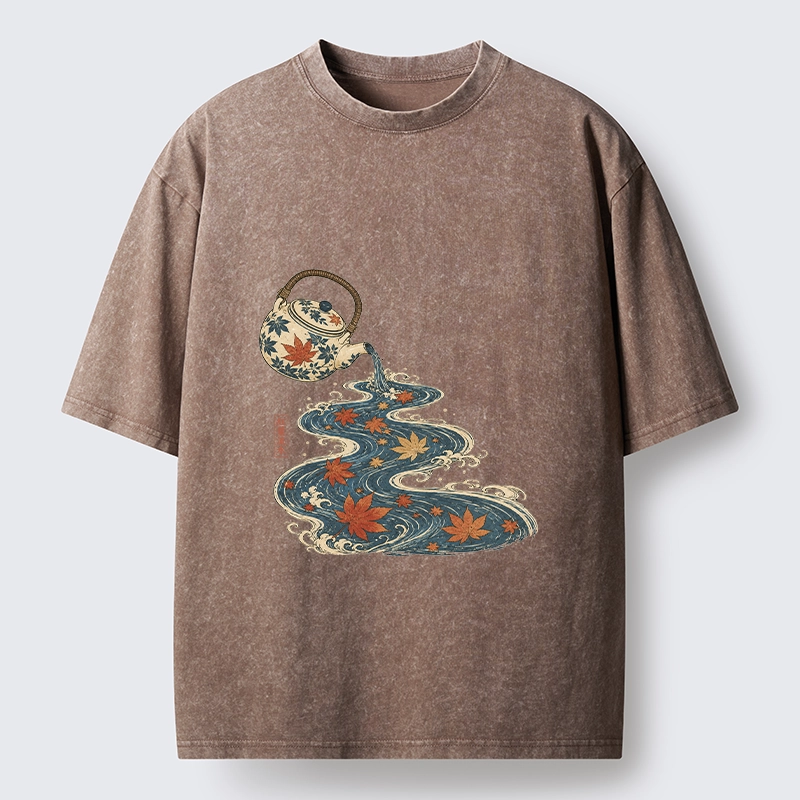 Tokyo-Tiger Maple Tea Pot Flowing River Ukiyo Art Washed T-Shirt