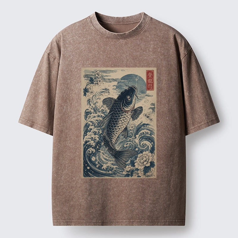 Tokyo-Tiger Vintage Ukiyo Koi Wave Flower Graphic Washed T-Shirt