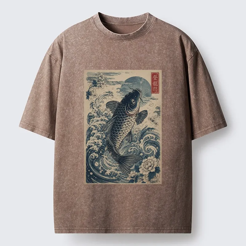 Tokyo-Tiger Vintage Ukiyo Koi Wave Flower Graphic Washed T-Shirt