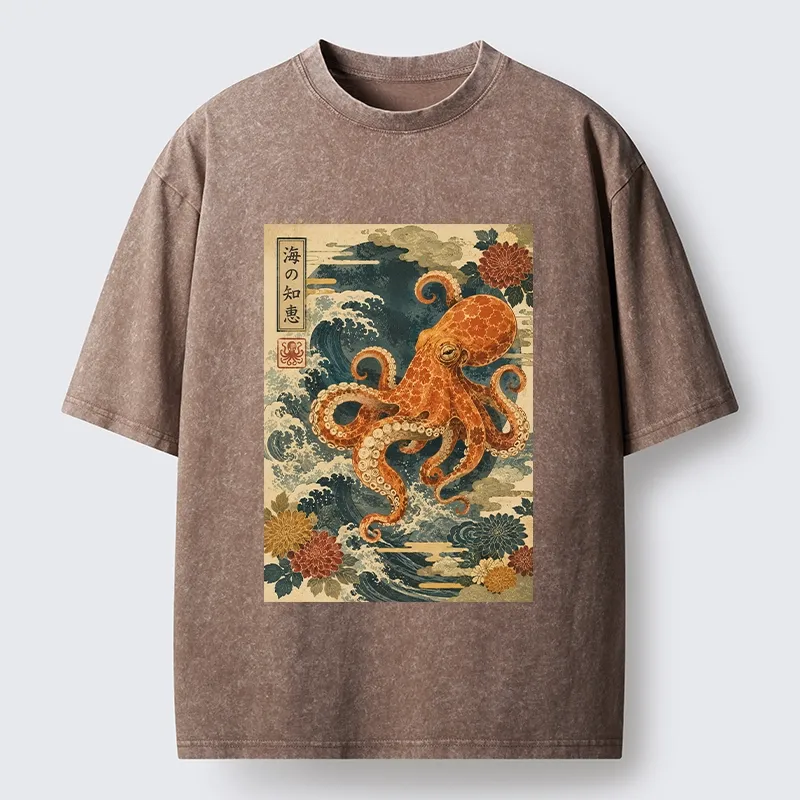 Tokyo-Tiger Wise Octopus Sea Wave Ukiyo E Art Washed T-Shirt