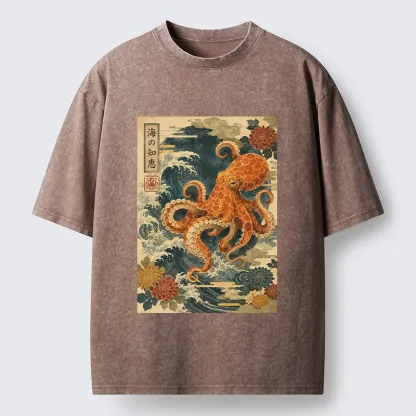 Tokyo-Tiger Wise Octopus Sea Wave Ukiyo E Art Washed T-Shirt