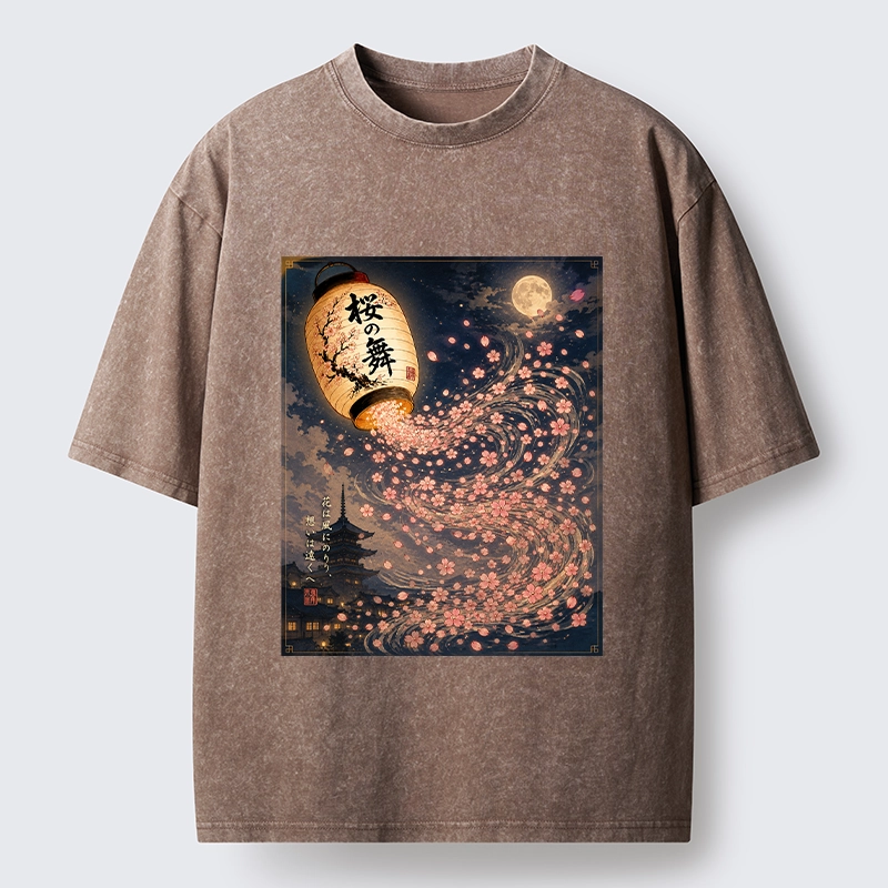 Tokyo-Tiger Sakura Wind Flows From Paper Lantern Graphic Washed T-Shirt