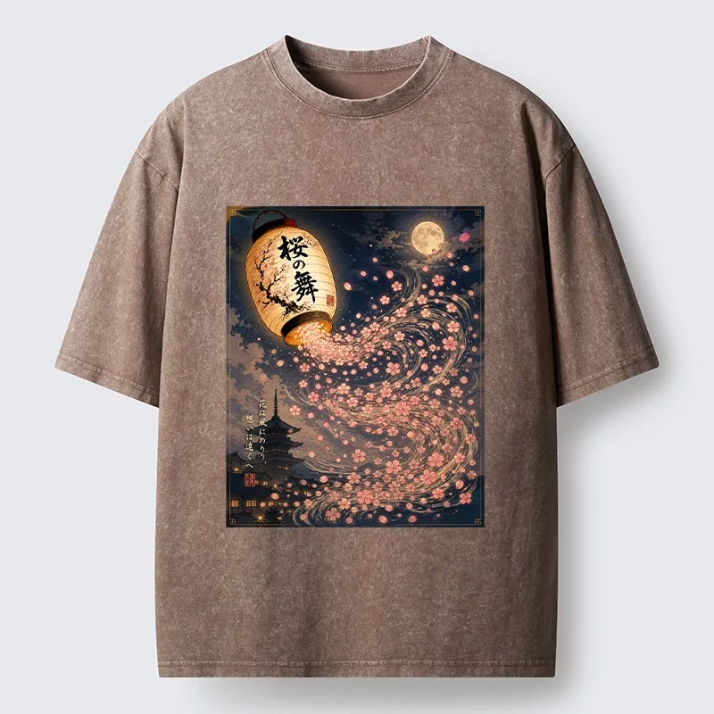 Tokyo-Tiger Sakura Wind Flows From Paper Lantern Graphic Washed T-Shirt Sale