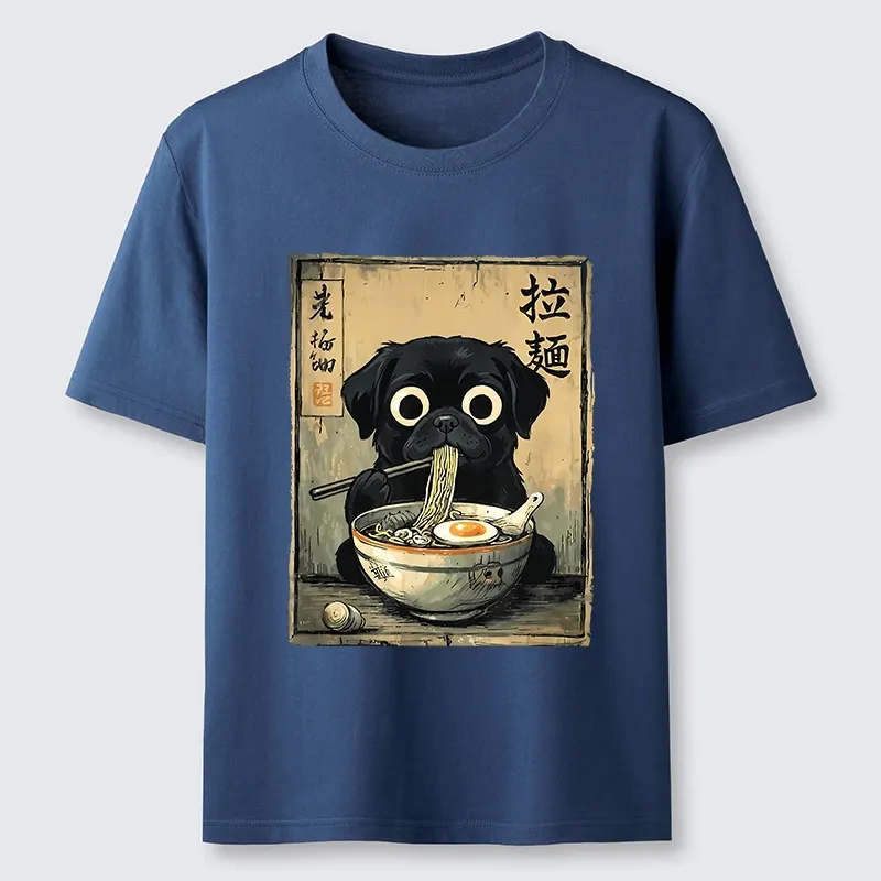 Tokyo-Tiger Cute Black Dog Eating Hot Ramen Classic T-Shirt