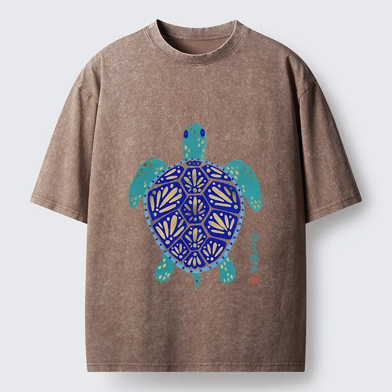 Tokyo-Tiger Blue Gold Sea Turtle Japanese Art Print Washed T-Shirt