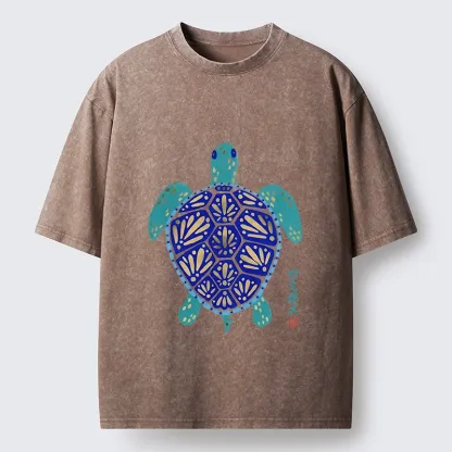 Tokyo-Tiger Blue Gold Sea Turtle Japanese Art Print Washed T-Shirt