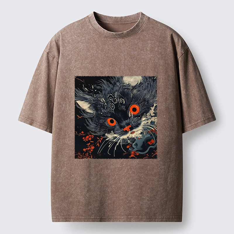 Tokyo-Tiger Soft Fluffy Black Cat Vintage Oriental Print Washed T-Shirt