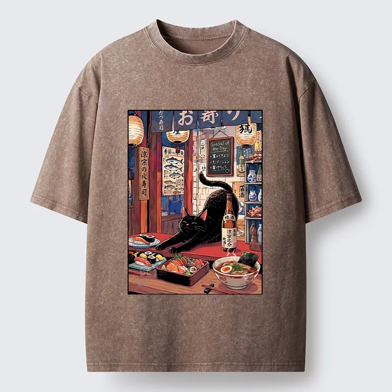 Tokyo-Tiger Warm Lantern Izakaya Black Cat Food Art Print Washed T-Shirt