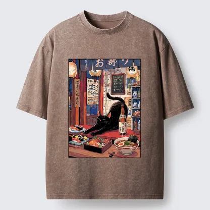 Tokyo-Tiger Warm Lantern Izakaya Black Cat Food Art Print Washed T-Shirt