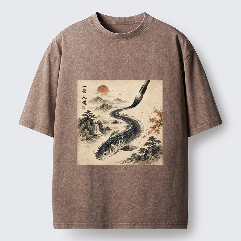 Tokyo-Tiger Autumn Mountain Ink Carp Brush Design Washed T-Shirt