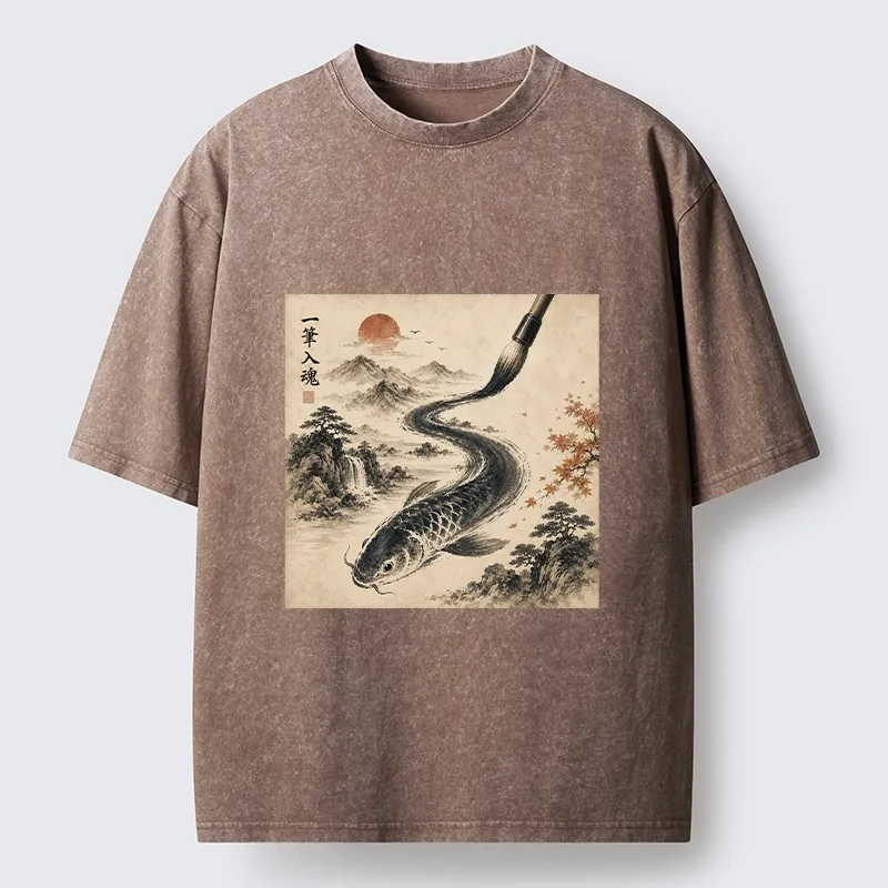 Tokyo-Tiger Autumn Mountain Ink Carp Brush Design Washed T-Shirt
