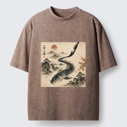 Tokyo-Tiger Autumn Mountain Ink Carp Brush Design Washed T-Shirt