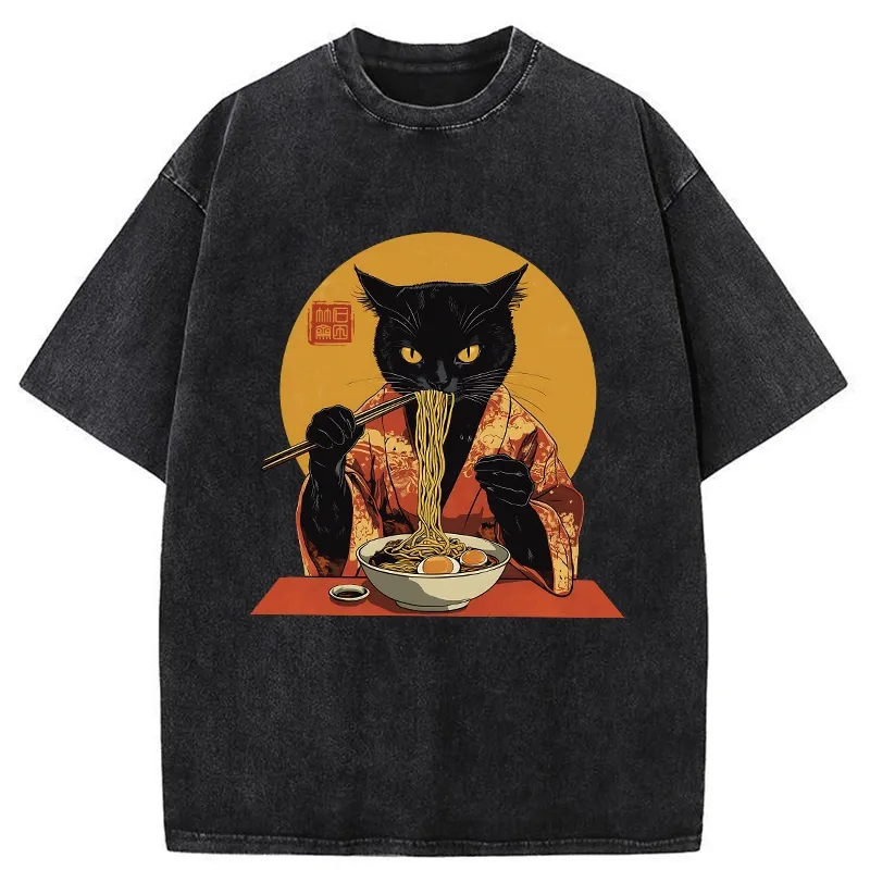Tokyo-Tiger Ramen-obsessed Cat Washed T-Shirt