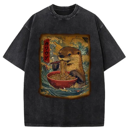 Tokyo-Tiger Otter Eats Ramen Washed T-Shirt