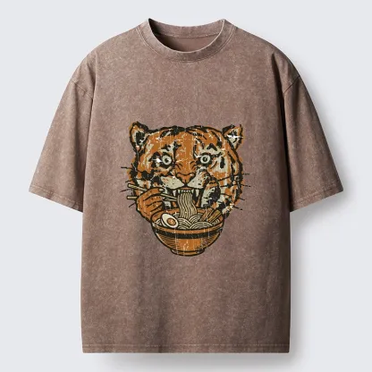 Tokyo-Tiger Vintage Tiger Ramen Funny Meme Washed T-Shirt