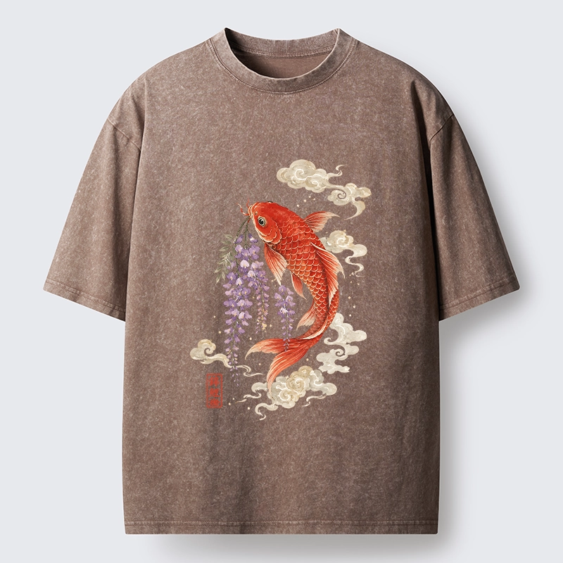 Tokyo-Tiger Soft Cloud Koi Floral Graphic Print Washed T-Shirt