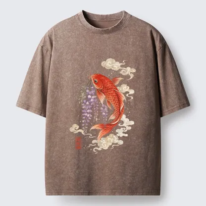 Tokyo-Tiger Soft Cloud Koi Floral Graphic Print Washed T-Shirt