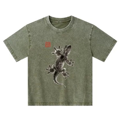 Tokyo-Tiger Minimal Asian Ink Brush Gecko Vibe Kids Washed T-Shirt
