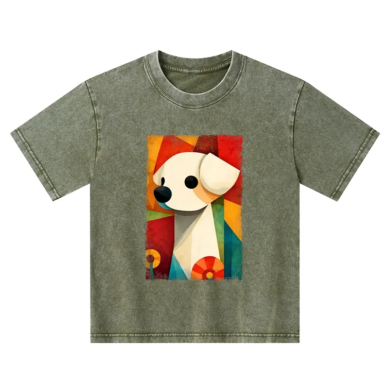 Tokyo-Tiger Retro Abstract Color Block Puppy Art Kids Washed T-Shirt