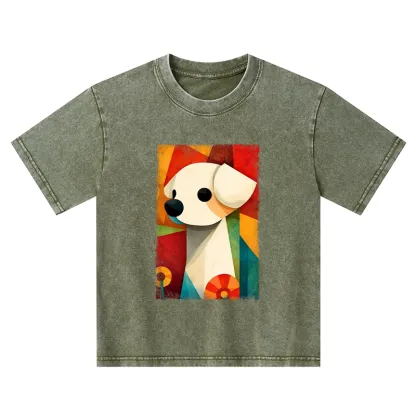Tokyo-Tiger Retro Abstract Color Block Puppy Art Kids Washed T-Shirt