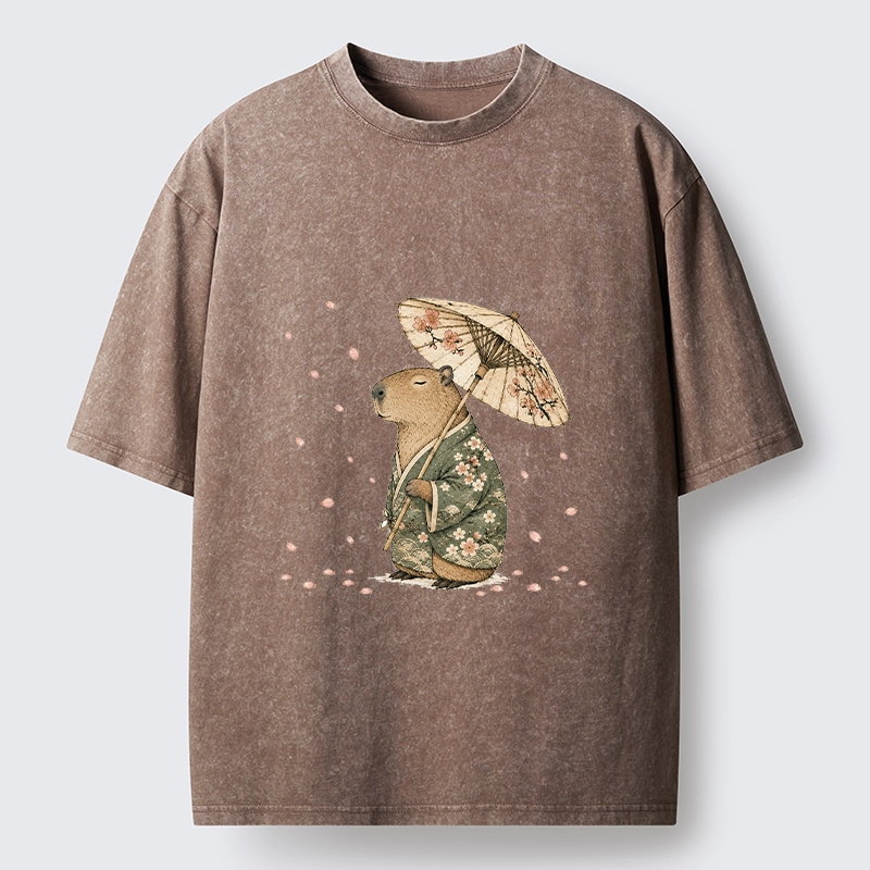 Tokyo-Tiger Relaxed Capybara Spring Sakura Kimono Art Washed T-Shirt